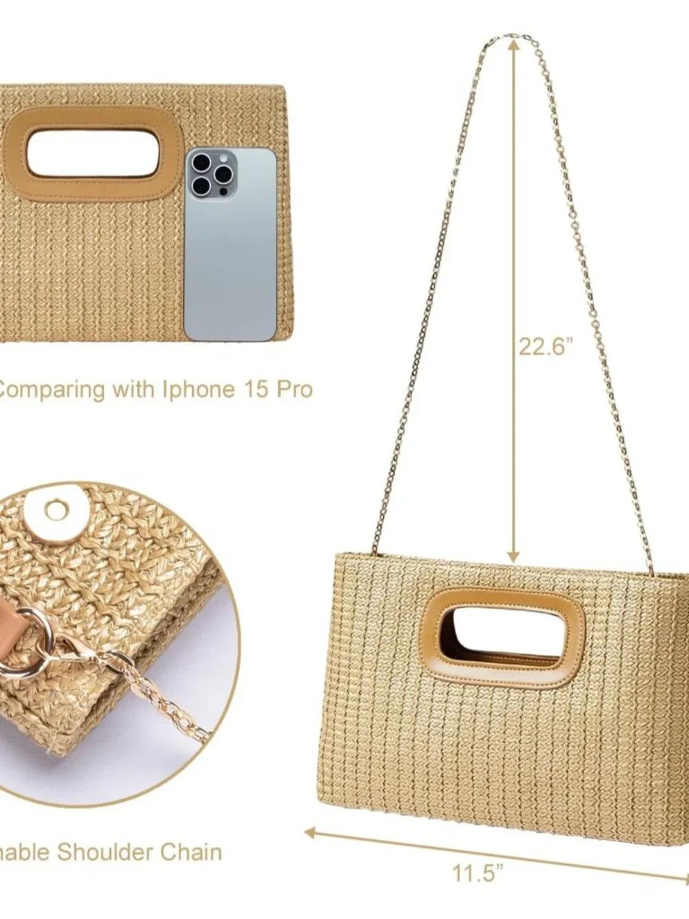 Top Handle Clutch Handbags for Women,Summer Clutch Purse with Handle、Raffia Wove - Picture 6 of 7